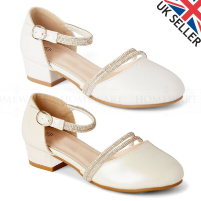 Flower Girls Shoes Wedding, Party Kids Special Occasion Low Heels White  Ivory UK UK