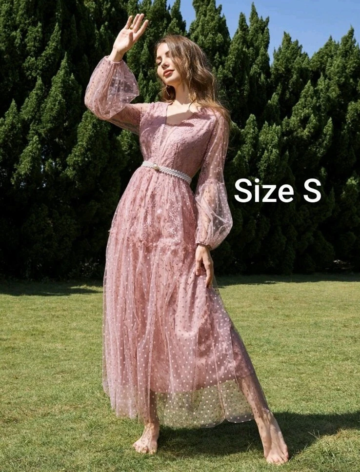 Fashion Maxi Dress Shein Bohemian Floral Embroidered Ruffle Mesh Small NEW