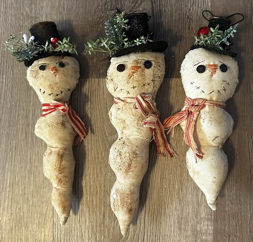 SET OF 3 Snowman Icicle Christmas Ornament Handmade Primitive Style Rustic - Picture 3 of 7
