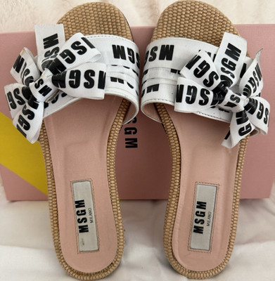 MSGM Women's White/Black/Beige/Pink Logo Bow Leather Slide Sandals EU 36