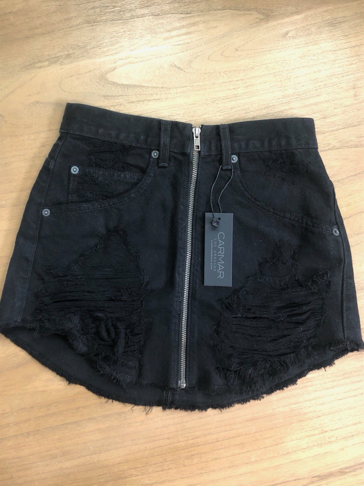 Black Frayed Hem Denim Skirt with Zipper - Size 26 by Carmar