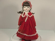 Porcelain Doll, Red velvet dress, slippers, black hair, musican, with stand