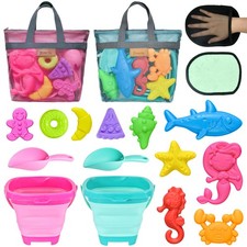 Collapsible Beach Sand Toys for Kids - Travel with 2 Buckets, Mesh Bags, Animal