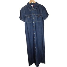 J.L. N.Y. Sport Dress Womens M Blue Denim Button Front Maxi Short Sleeve 90s