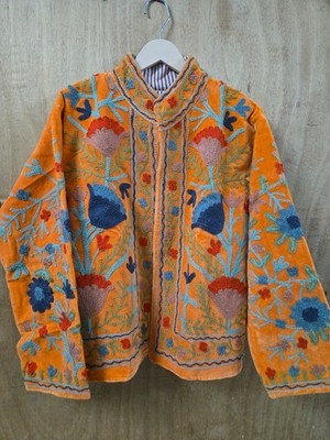 Women s Orange Velvet Jacket Multicolor Floral Embroidery Bohemian Jacket