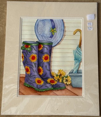 June Henrikson Rain Boots Floral Hat 16x20 Matted Not Framed 