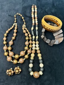 Boho Jewelry Lot Of 5 Necklace , Set Inlaid Wood Bangle Vintage, Clip-on Earring