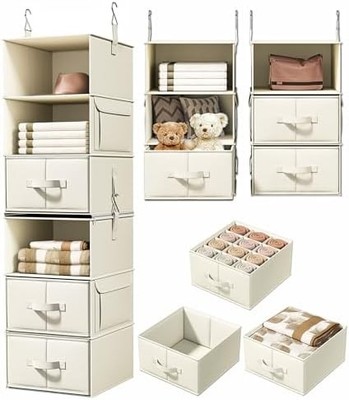 6-Shelf Hanging Closet Organizer with 3 Drawers Wardrobe Storage