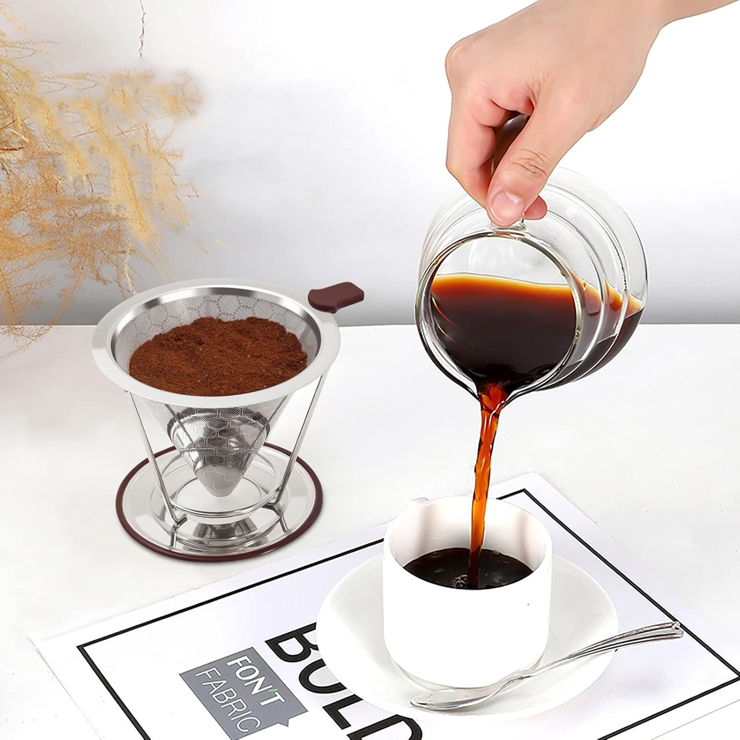 Stainless Steel Pour Over Coffee Dripper & Manual Conical Burr Grinder Set