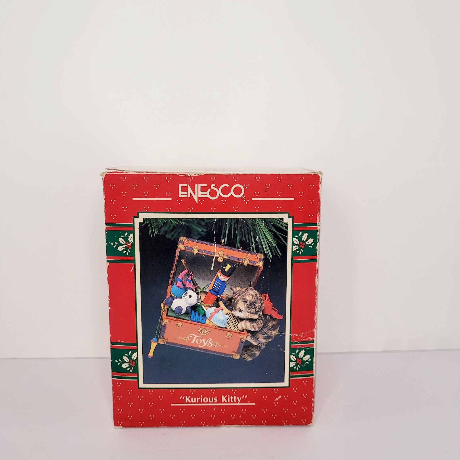 1991 Enesco Treasury Kurious Kitty Cat Ornament Original Price Tag and Box