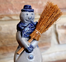 Rowe Pottery Works 5" Xmas Snowman salt glazed blue w/ broom figurine Frosty '98