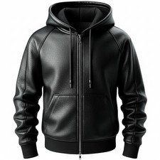 Men's Black Premium Leather Hoodie Handmade Genuine Lambskin Leather Jacket