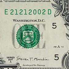 True Trinary Fancy Serial Number 1 Dollar Bill E21212002D
