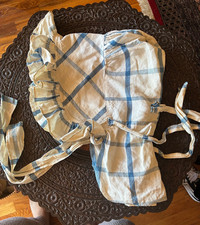 Antique Ladies Linen Bonnet Blue White Stripe Plaid w Ties  Neck Guard Repair