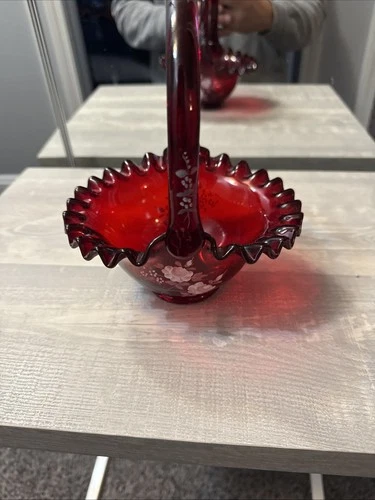 Fenton Ruby Red Hand Painted Rose Basket Signed C Shaffer with Stickers