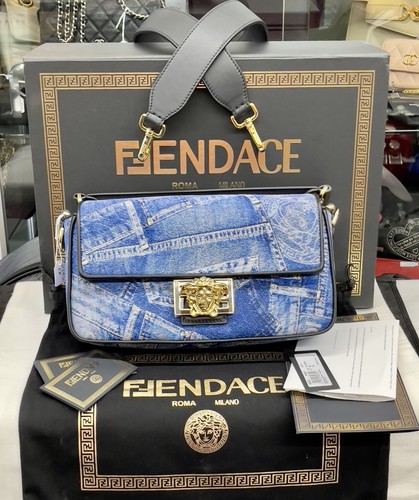 Fendi Fendace Baguette Shoulder Bag Denim Patchwork Print + Receipt $4650.00