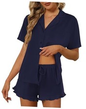 Pajamas Set for Women Short Sleeve Sleepwear Button Down Pjs Medium Navy Blue