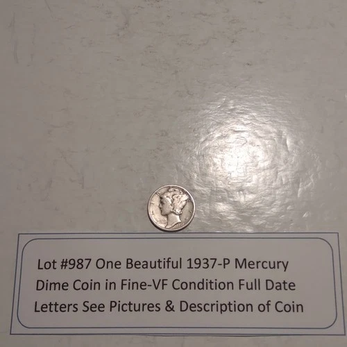 Lot #987 1 Beautiful 1937-P Mercury Dime coin F-VF Condition Must See Pictures