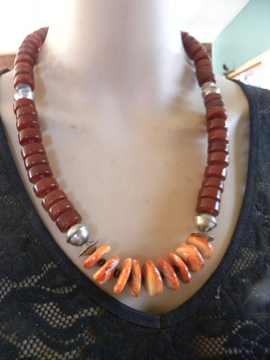 Sterling NAVAJO Pearl BIG! Spiny Oyster Carnelian Beads Necklace VTG Silver 21''