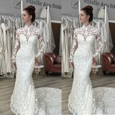 Long Sleeves Mermaid Wedding Dresses with Sweep Train High Neck Bridal Gowns