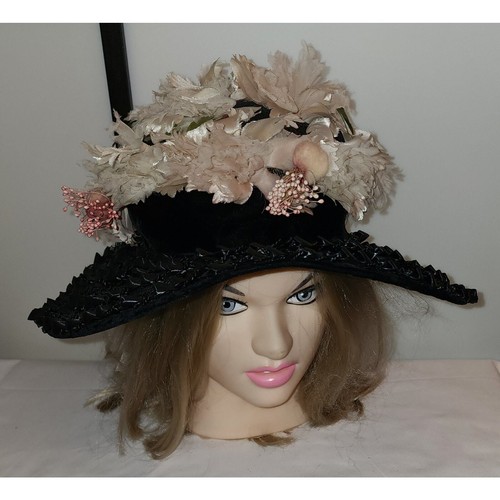 Vintage 50s Lg Black Straw Floral Platter Hat Pink White Mid Century 20.5 inches - Picture 5 of 10