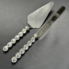 Wedding Reception Cake Knife Server Set Faceted Crystal Silverplate Stainless