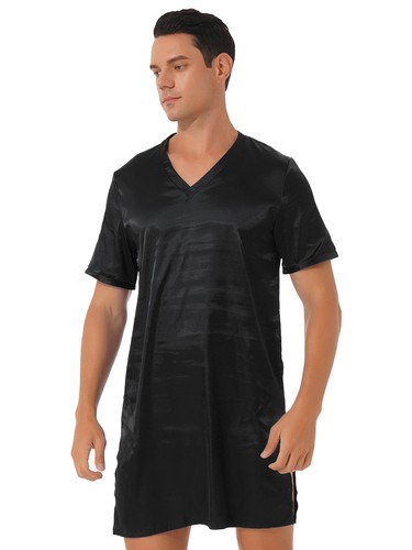 Herren V Ausschnitt Seide Satin Nachthemd Locker Kurzarm Nachthemd Nachthemden - Bild 5 von 116