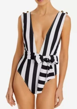 (Missing Belt) Alexandra Miro Black White Ally Striped Deep V Swimsuit S 2639