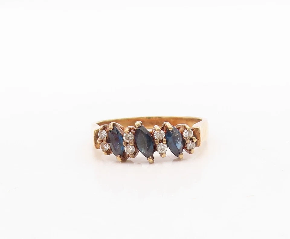 14K 黄金复古戒指侯爵夫人切割蓝宝石和真钻石镶嵌尺寸 6.5 GR978 — 第 2/4 张图片