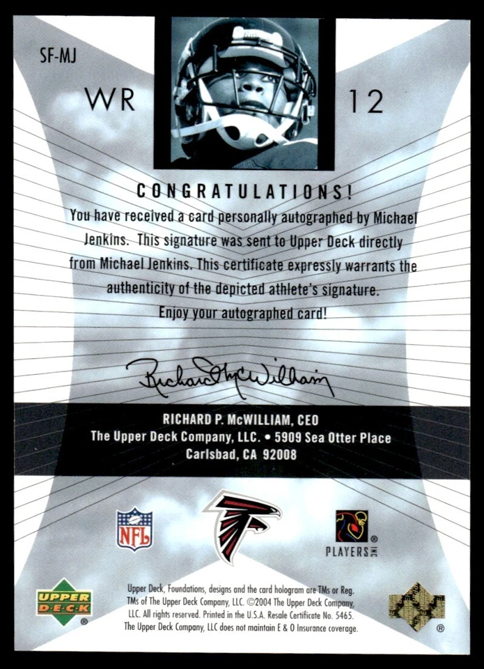 2004 Upper Deck Foundations Signature Michael Jenkins Auto RC Falcons #SF-MJ - Image 2 of 2