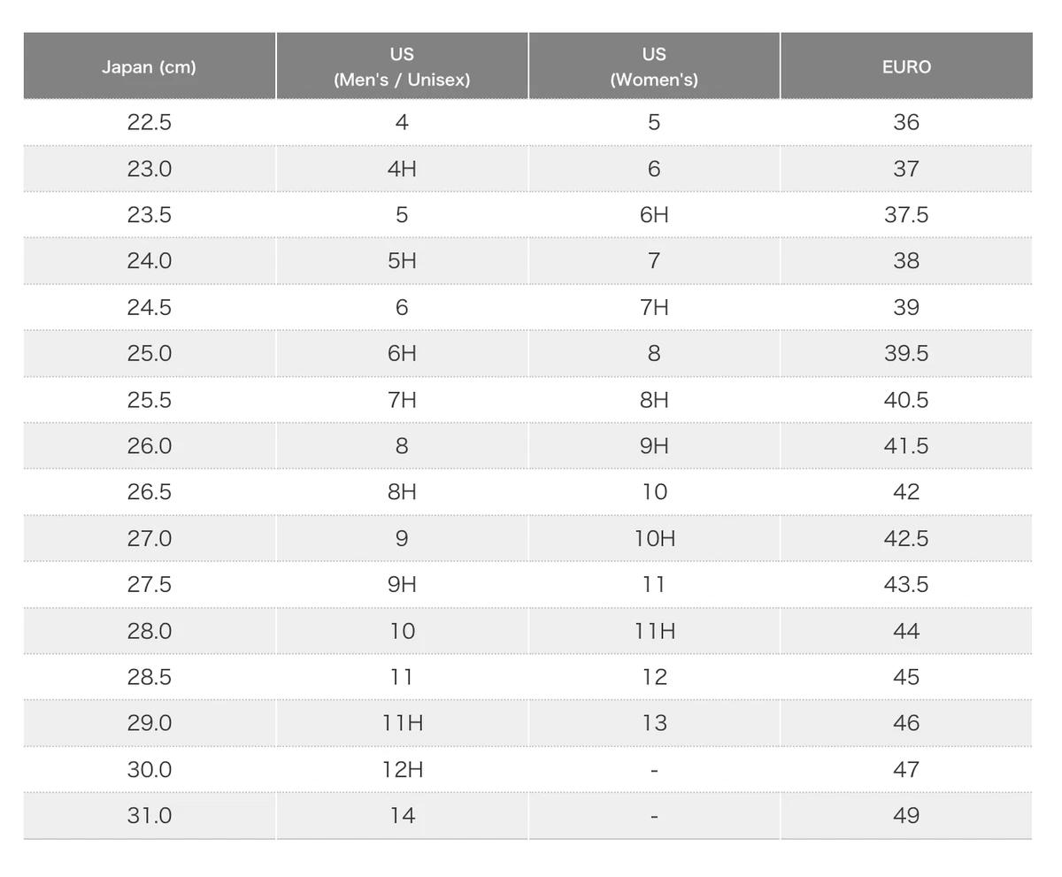 Onitsuka deals chart size