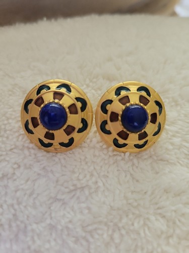 Royal Egyptian Enamel Pierced Earrings W Lapis Cabochon Center Soft Gold Finish - Picture 8 of 12