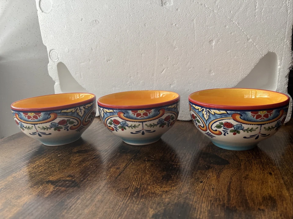 Juego de 3 Ensaladera Cereal Euro Cerámica ZANZÍBAR 5.5" Rojo Azul Amarillo Floral Foto 3 de 4