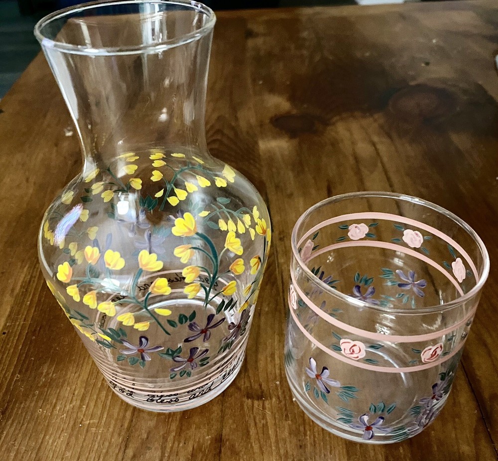 Hand-painted floral tumbler carafe with religious motifs for bedside