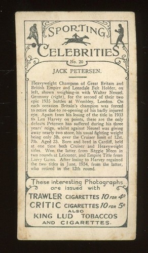 1935 J.A. Pattreiouex Sporting Celebrities Boxing #20 Jack Petersen GD - Picture 2 of 2