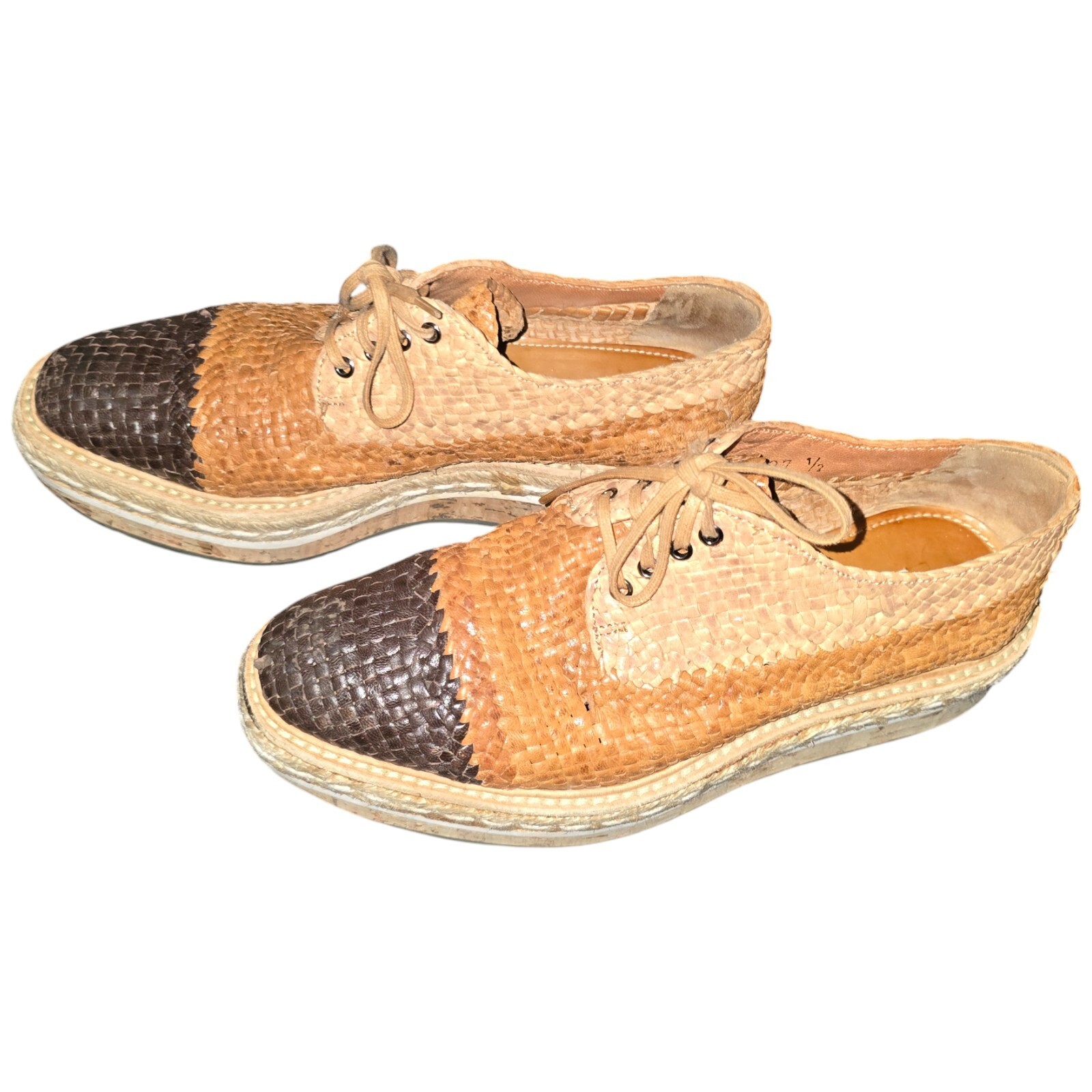 Prada Iconic Madras Tri-Color Nude/Brown Woven Platform Espadrille Oxfords 37.5