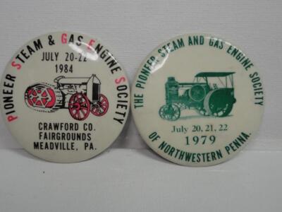 2 Vintage Pioneer Steam and Gas Engine Society Pin Backs Pennsylvania 1979 1984