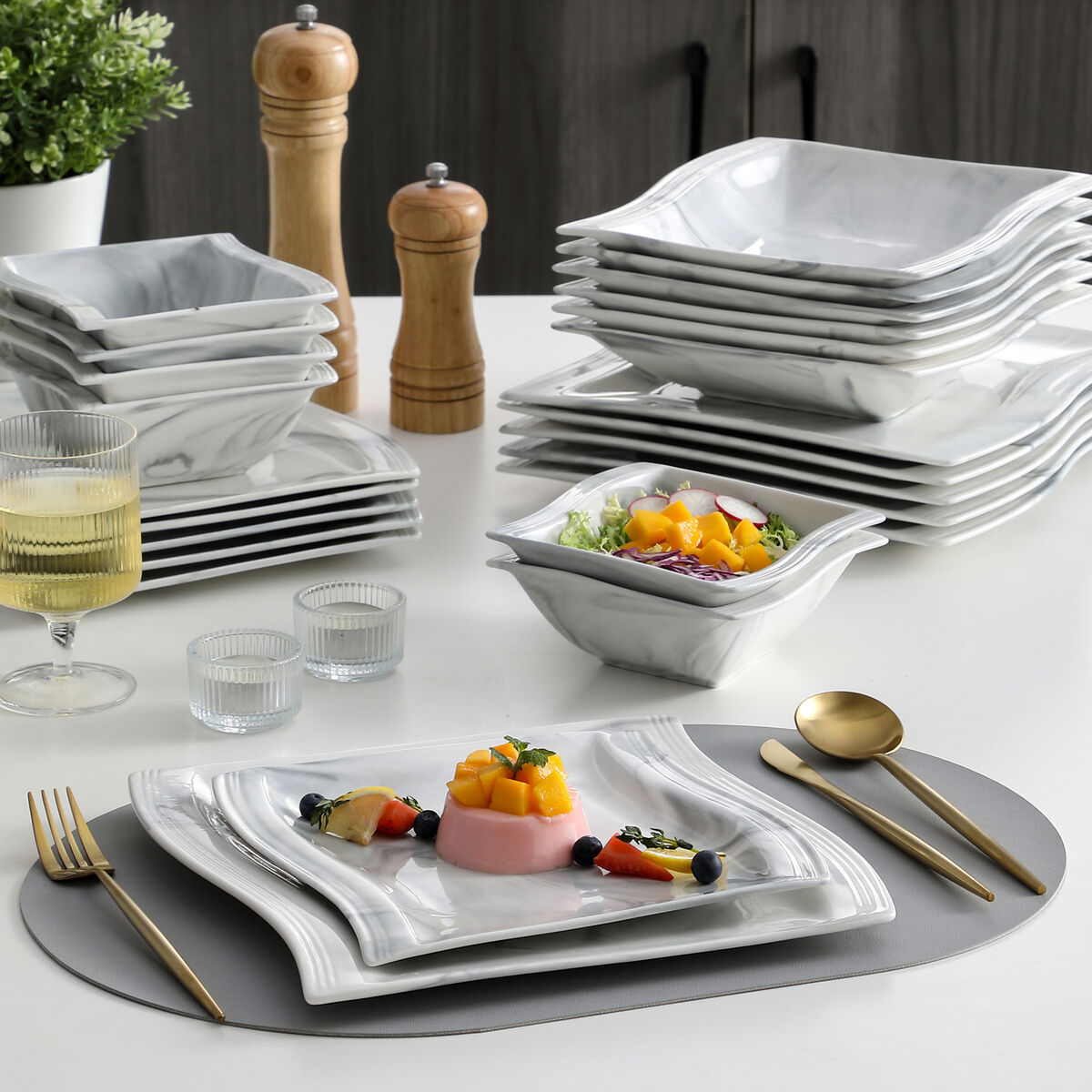 MALACASA Flora 18-Piece Marble Grey Porcelain Dinnerware Set with