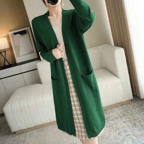 Damen Kaschmir Strickjacke Herbst Lang Strick V-Ausschnitt Wolle Mäntel Mittellang - Bild 4 von 26