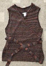 Caroline Grace Womens Belted Sweater Vest Brown Tweed One Size 5% Cashmere