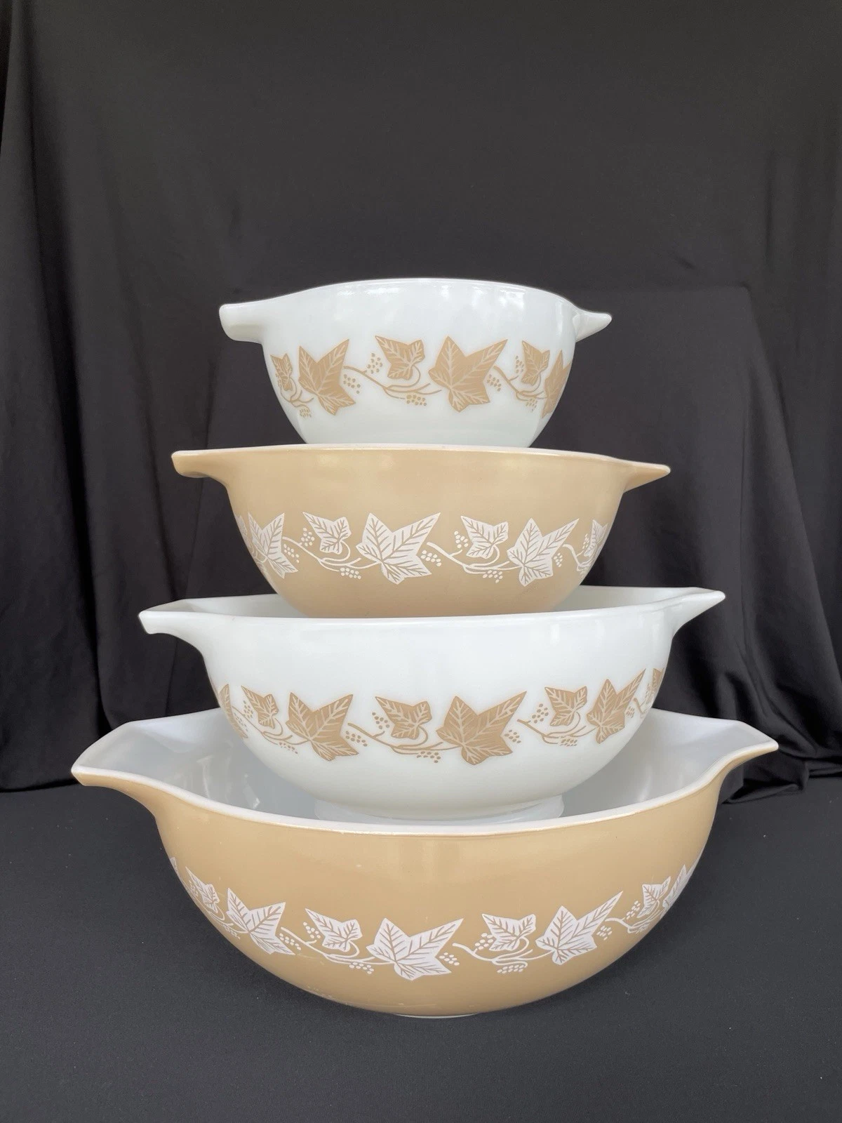 Vintage Pyrex SANDALWOOD Cinderella Bowls 4-Pc Set 441 442 443 444 Nesting