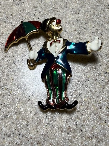 Vintage Enamel Clown Brooch Umbrella Gold Tone Circus Costume Jewelry Pin