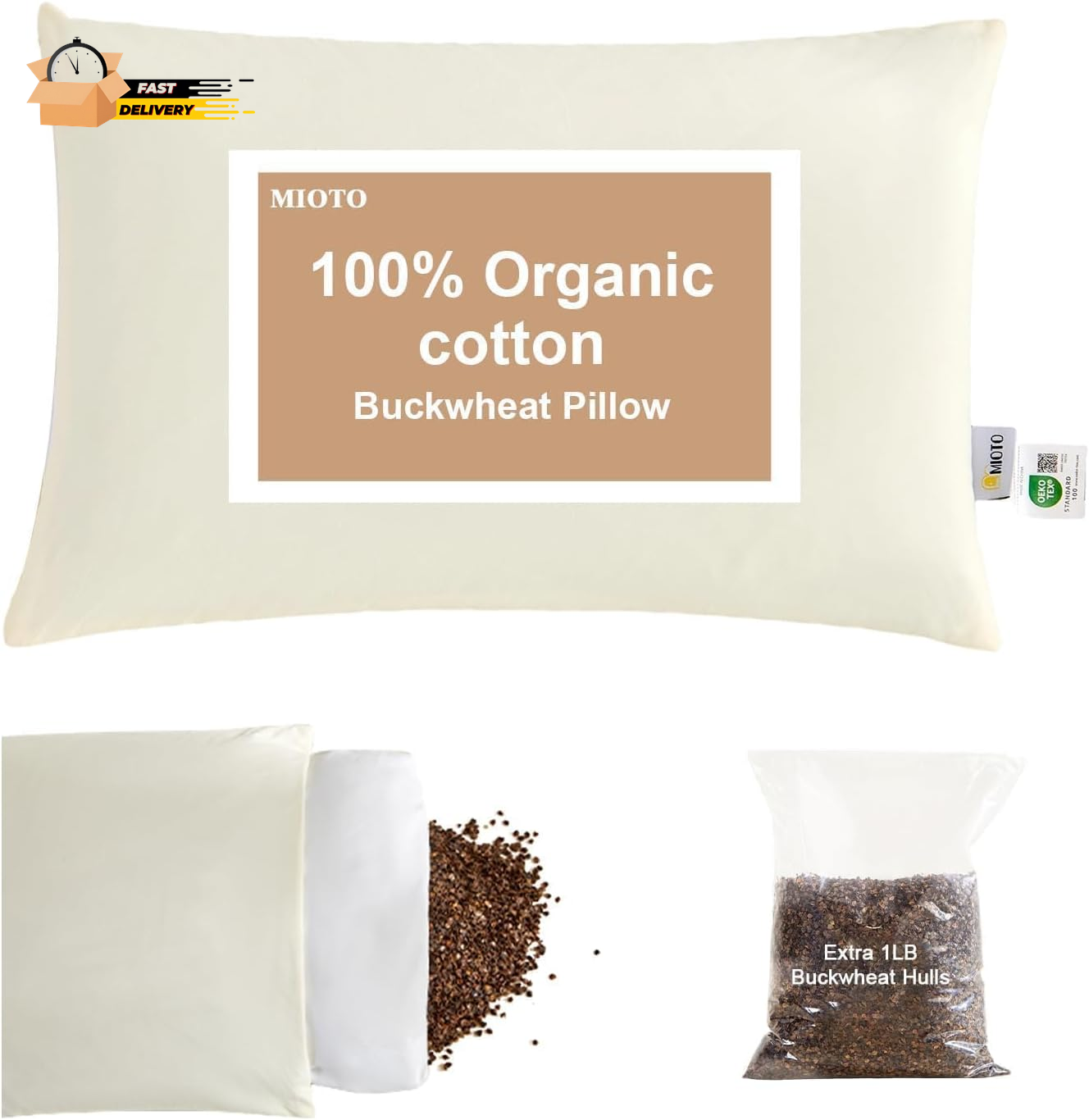 Organic Buckwheat Pillow for Sleeping with Dual-Layer Pillowcase and Extra Tart