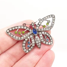 Antique Sterling Silver Butterfly Brooch Multi-coloured Paste Pendant Necklace