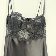 Victorias Secret Vintage Y2K Slip Dress 36C Black Satin Lace Sheer Babydoll Midi