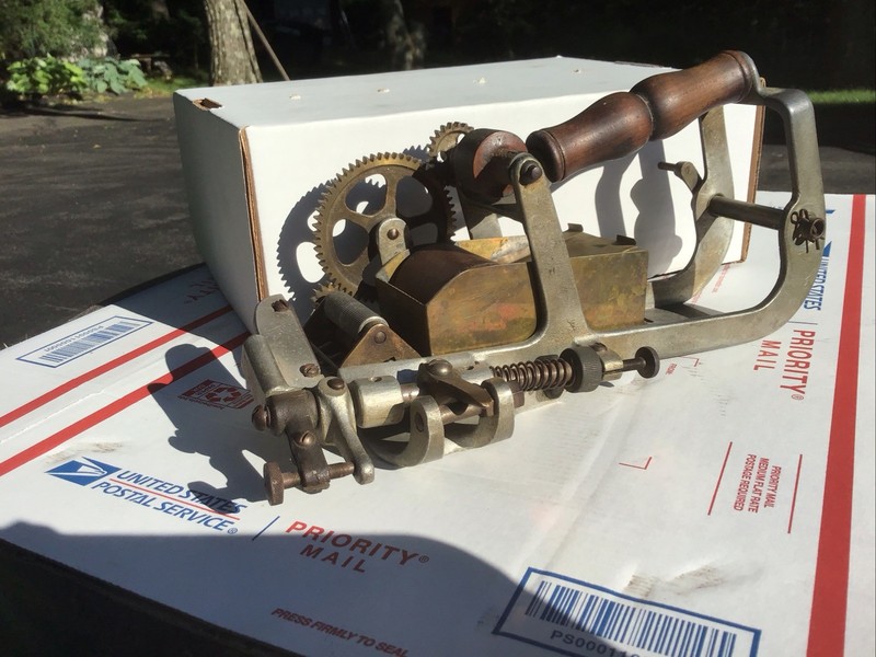 Antique Chauncey Wing Mailer Tape Dispenser  Wood Brass Mechanical Vintage Rare
