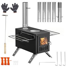 Estufa de tienda negra estufa de camping chimenea de tienda acero inoxidable estufa de leña con tubos exterior