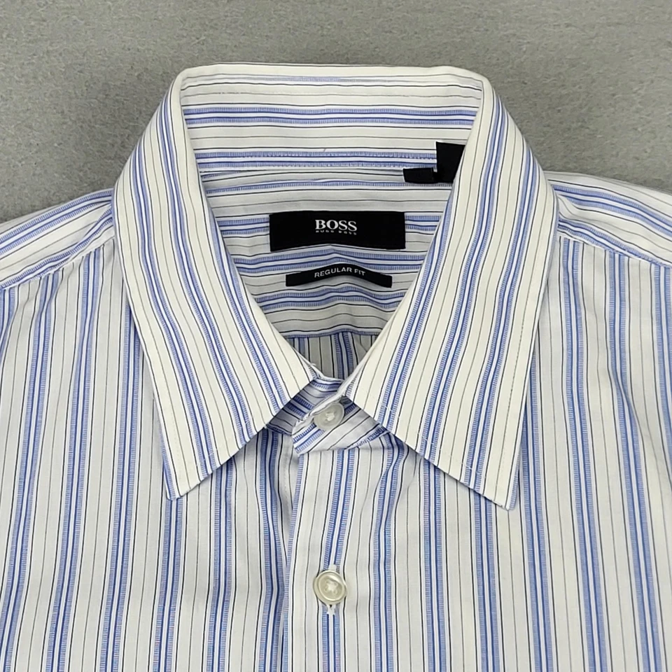 Camisa de vestir BOSS Hugo Boss para hombre 15,5 32/33 azul blanco a rayas calce regular Foto 2 de 4