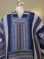 Se or Lopez Hoodie Mens Large Blue Striped Baja Knit Pullover Kangaroo Pocket