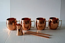Moscow Mule Hammered Copper Mugs 4 Mug Set w Straws & Shot Glass